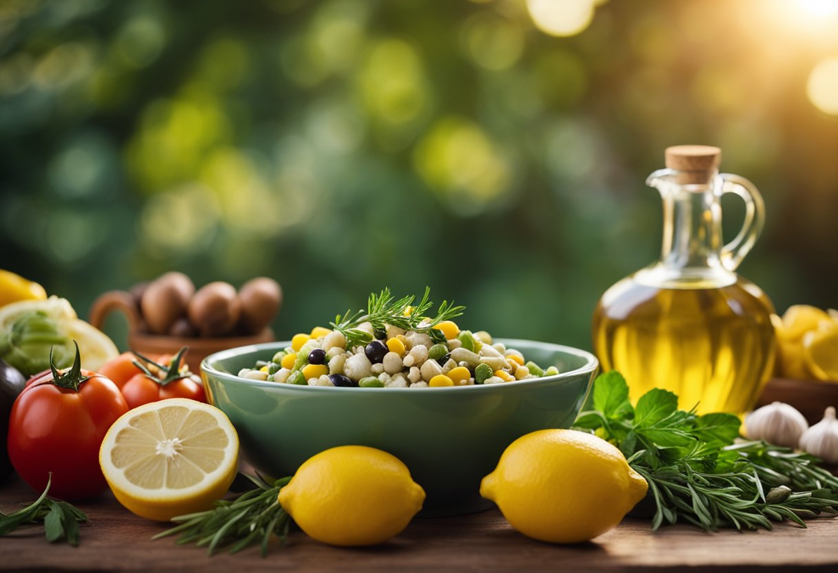 A colorful table filled with fresh vegetables, lean proteins, and vibrant herbs. A bowl of olive oil, garlic, and lemon sits nearby. The setting sun casts a warm glow over the scene