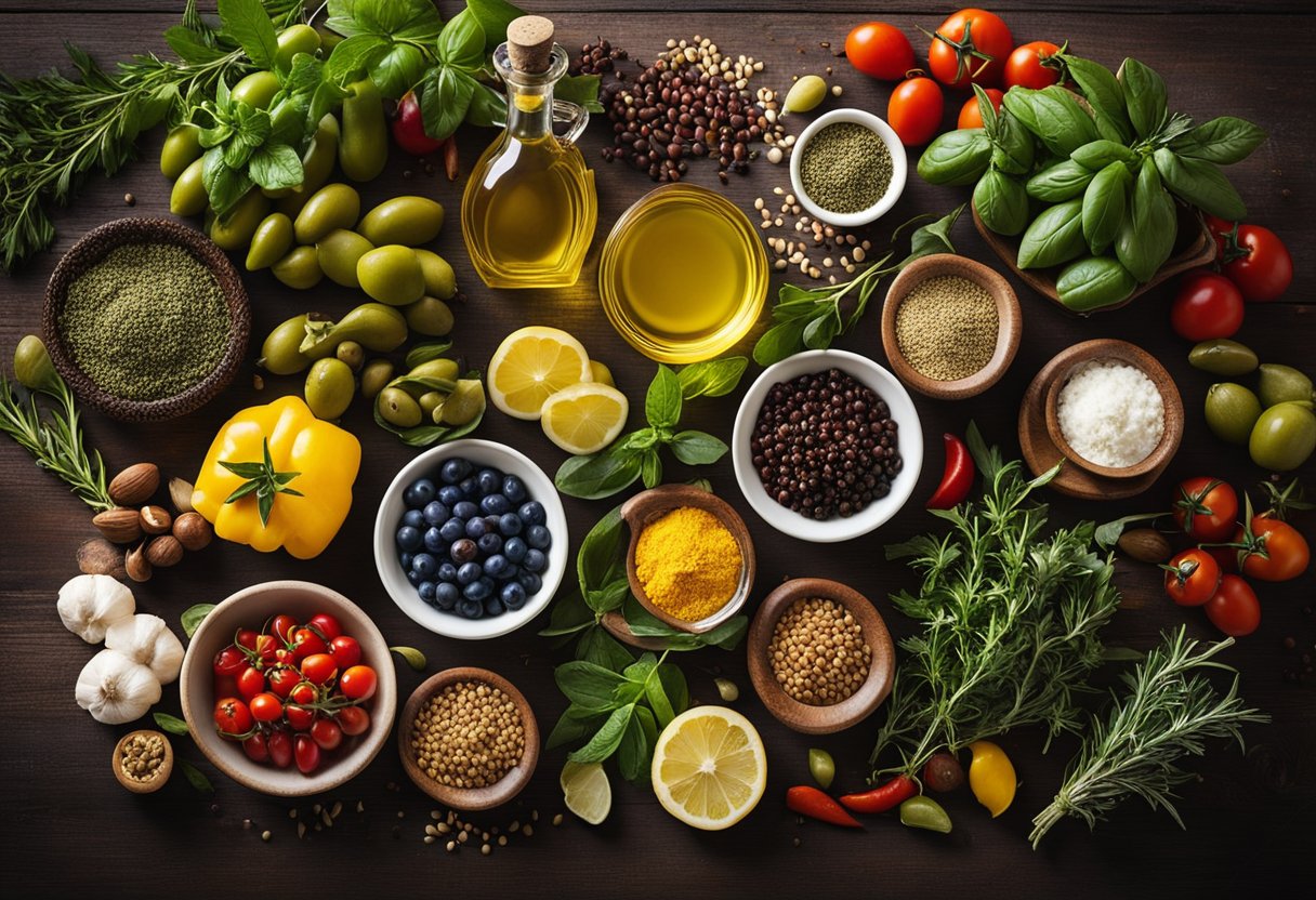 A vibrant table spread with colorful Mediterranean ingredients, herbs, and spices, surrounded by fresh produce and olive oil bottles