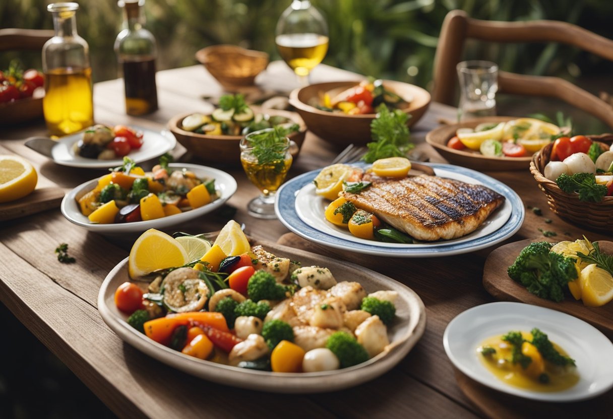 A table set with colorful Mediterranean dishes, including grilled fish, fresh vegetables, and olive oil. A warm, inviting atmosphere with soft lighting and rustic decor