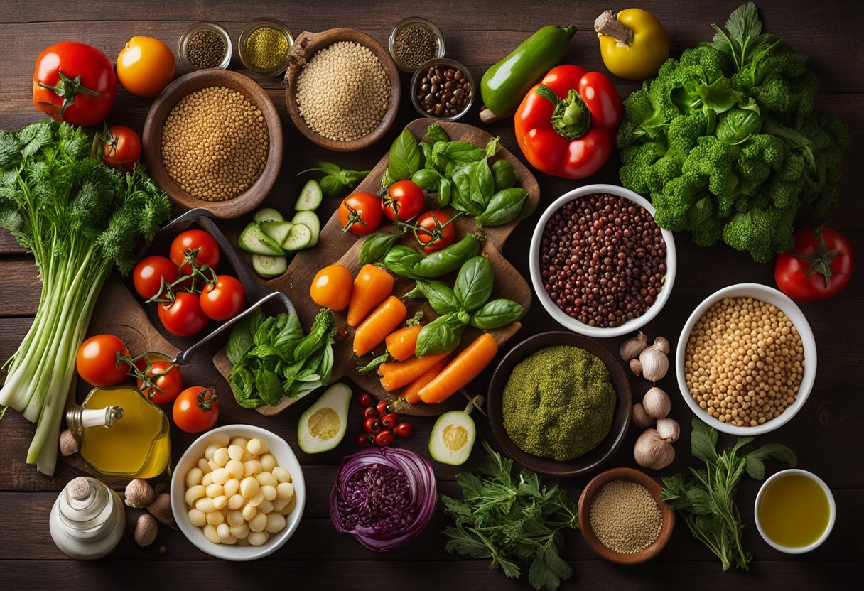 A colorful array of fresh vegetables, herbs, and lean proteins arranged on a rustic Mediterranean-style table, with a variety of spices and olive oil nearby