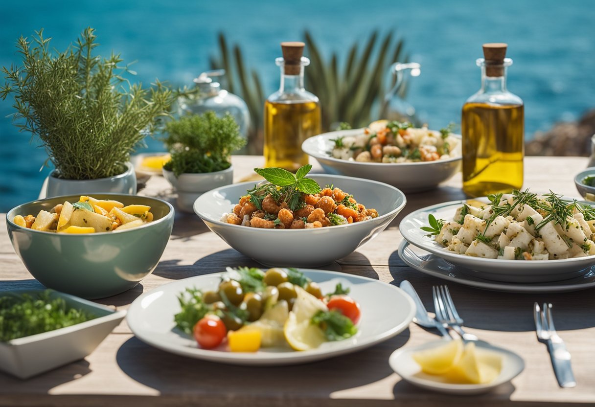 A table set with colorful Mediterranean dishes, surrounded by fresh herbs and olive oil bottles. A serene seaside view in the background