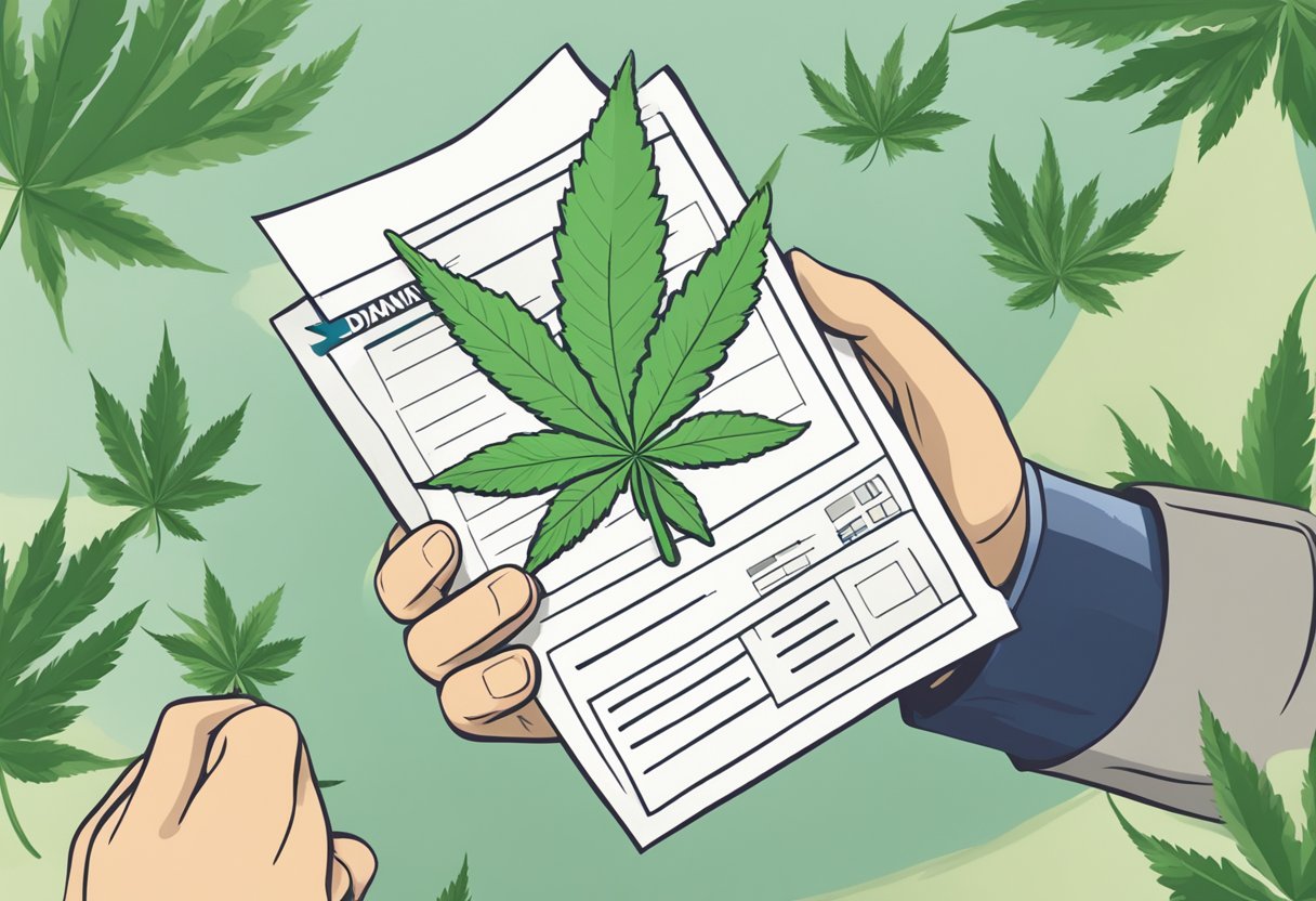 A person holding a plasma donation pamphlet with a crossed out marijuana leaf and a question mark