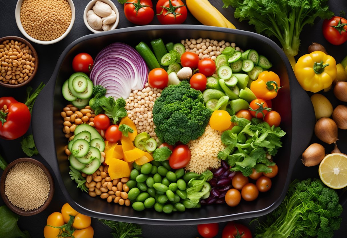 A colorful array of vegetables, legumes, and whole grains fill a large casserole dish, showcasing the variety and abundance of high-fiber foods in the Mediterranean diet