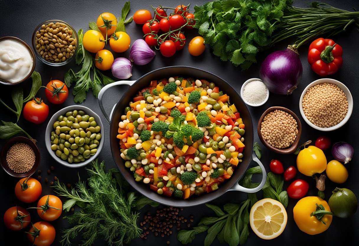 A table spread with colorful vegetables, grains, and legumes, alongside olive oil, herbs, and spices. A cookbook titled "Essential Ingredients for Mediterranean Casseroles" sits open, showcasing 17 high-fiber casserole recipes