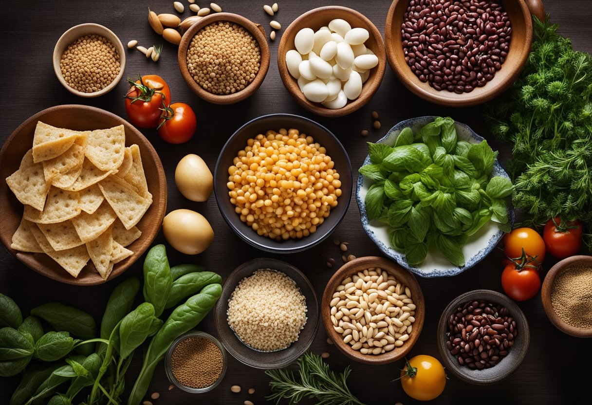 A table with various ingredients like beans, whole grains, vegetables, and herbs laid out for high-fiber Mediterranean diet casseroles