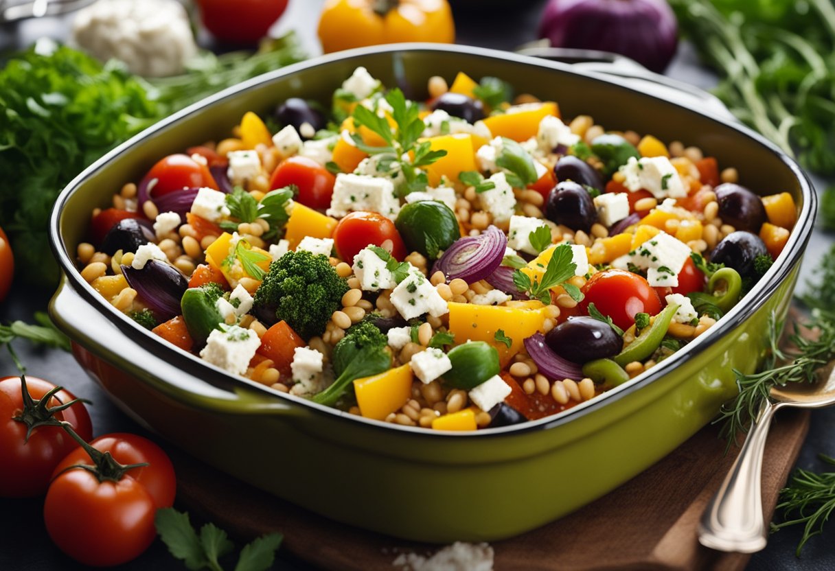 A colorful array of Mediterranean vegetables and grains layered in a casserole dish, topped with a sprinkling of herbs and feta cheese