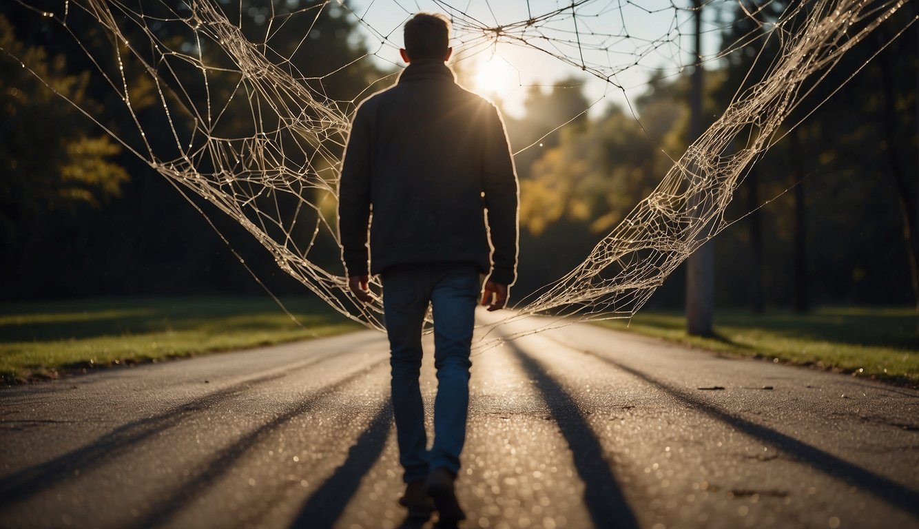 A person walks away from a dark, tangled web towards a bright, open path, symbolizing the journey from addiction to recovery