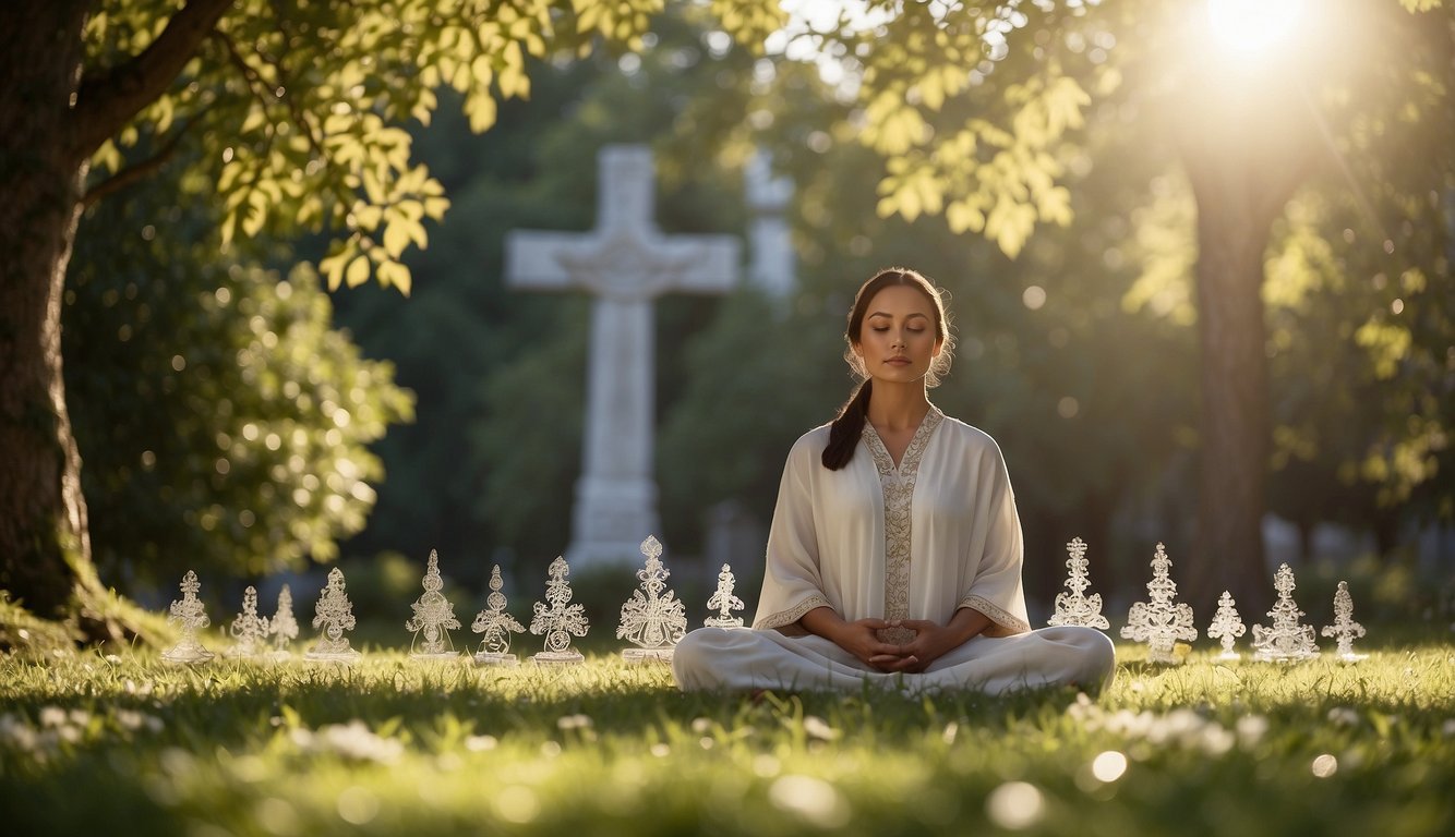 A serene figure meditates in a tranquil garden, surrounded by symbols of faith and recovery. The sunlight filters through the trees, creating a peaceful atmosphere