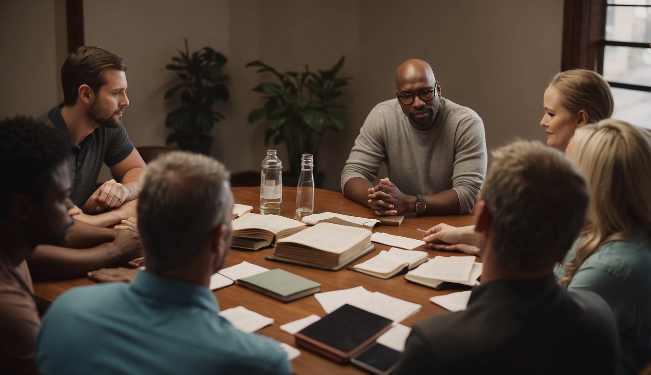 A group of people gather in a circle, discussing the challenges and opportunities of Christian approaches to addiction and recovery. Bibles and recovery materials are spread out on a table, while individuals engage in deep conversation and reflection