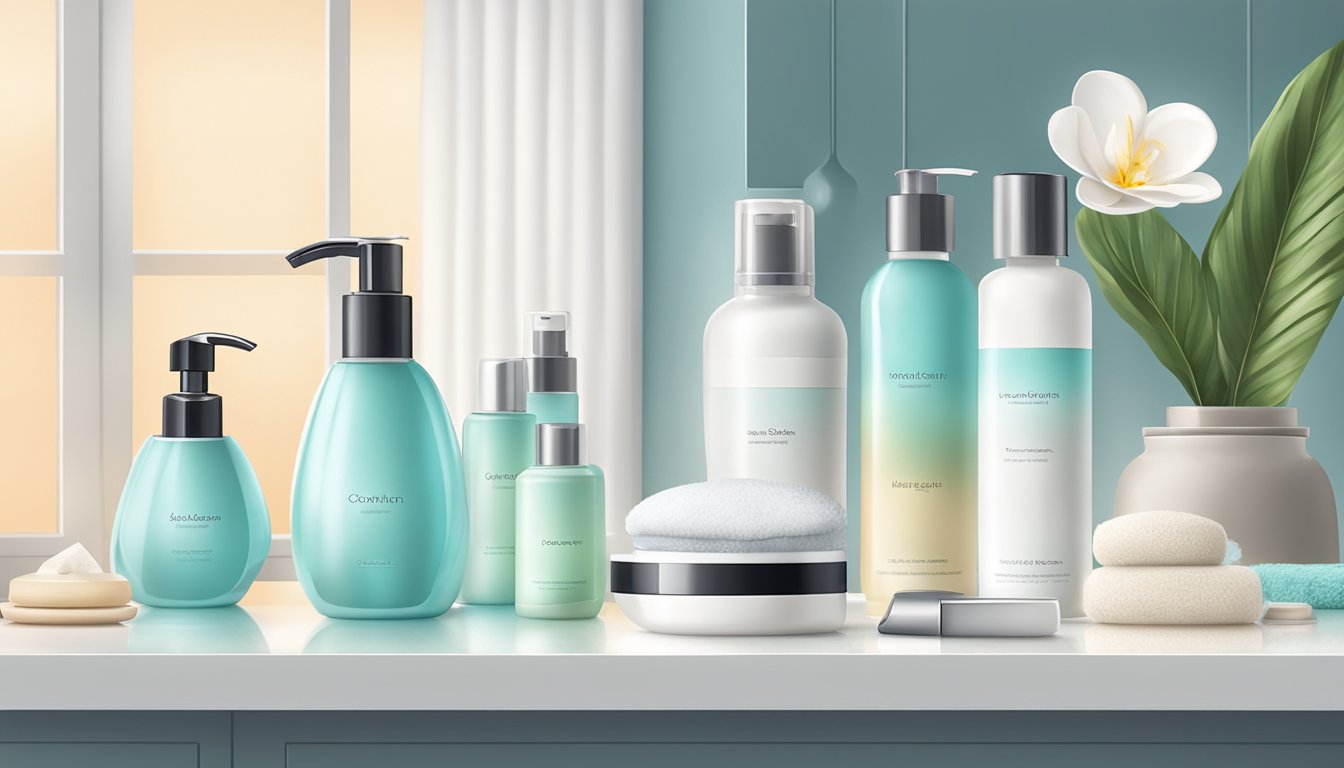 A serene spa room with a hydrodermabrasion machine, soft lighting, and calming decor. Various skincare products and tools are neatly organized on a sleek countertop