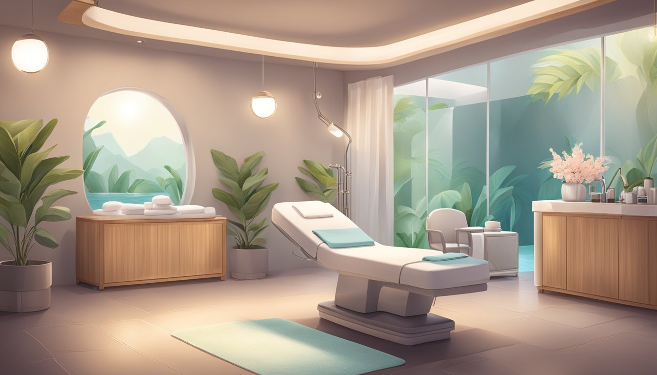 A serene spa room with a hydrodermabrasion machine next to other facial treatment equipment. Soft lighting and calming decor create a peaceful atmosphere for clients