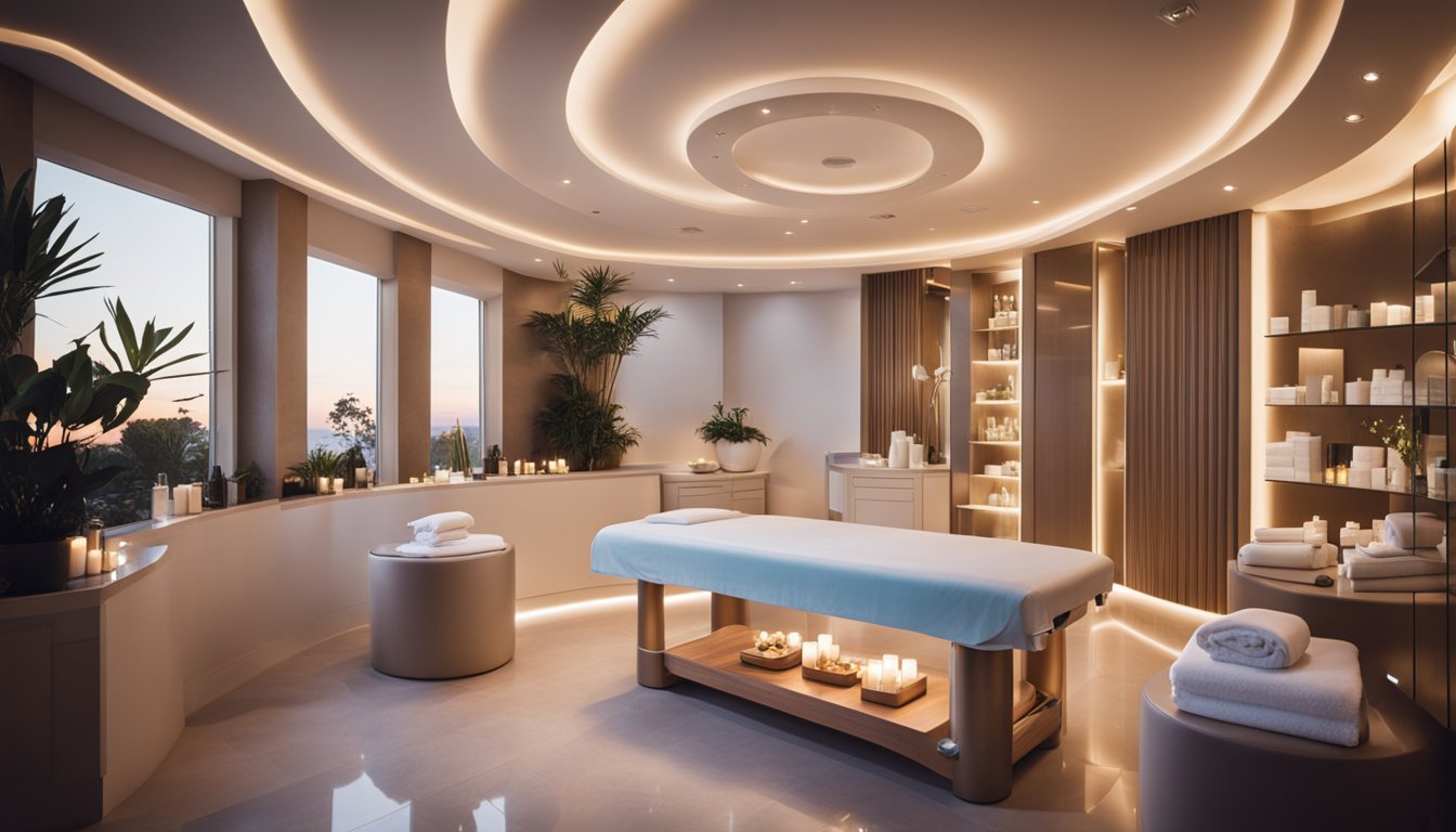 A serene spa room with a hydrodermabrasion machine in the center, surrounded by luxurious skincare products and soft ambient lighting