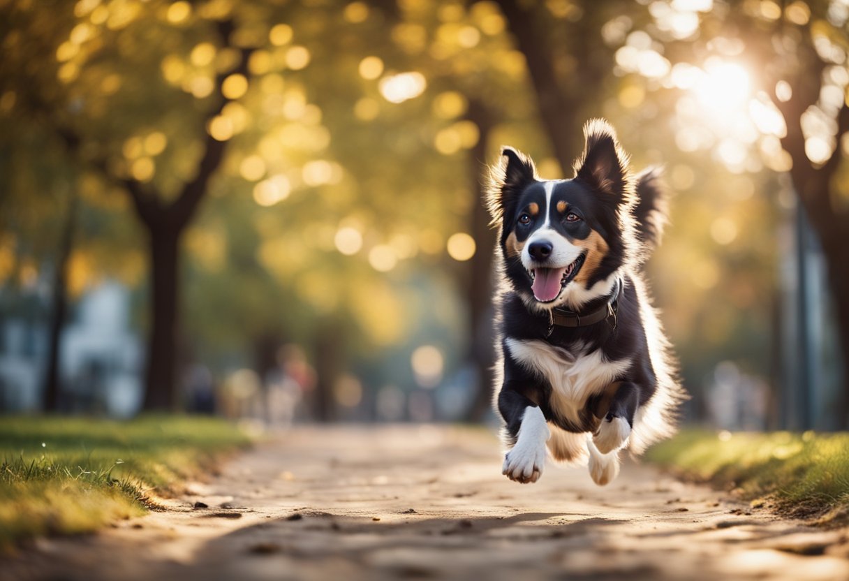 A happy dog running in a park, with a shiny coat and bright eyes, surrounded by healthy food and water bowls