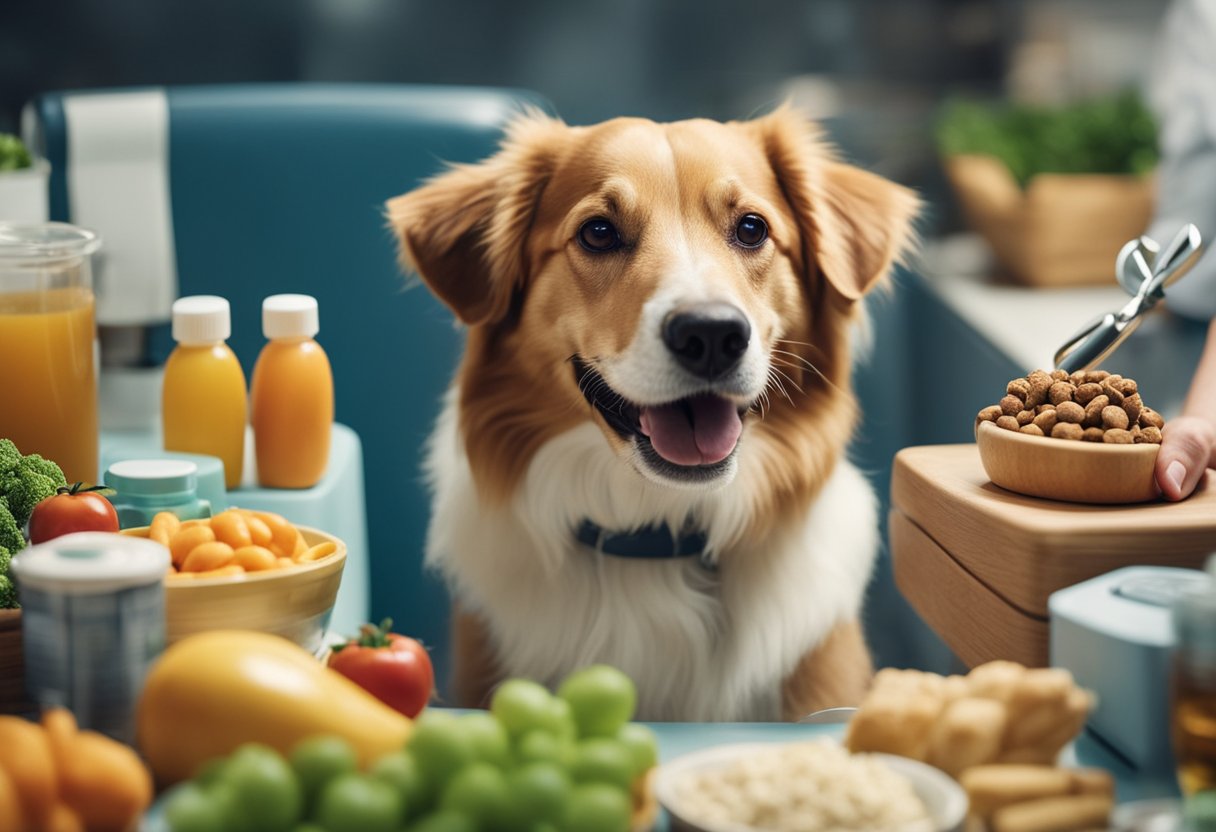 A happy dog receiving a regular check-up from a veterinarian, surrounded by healthy food, toys, and a comfortable bed