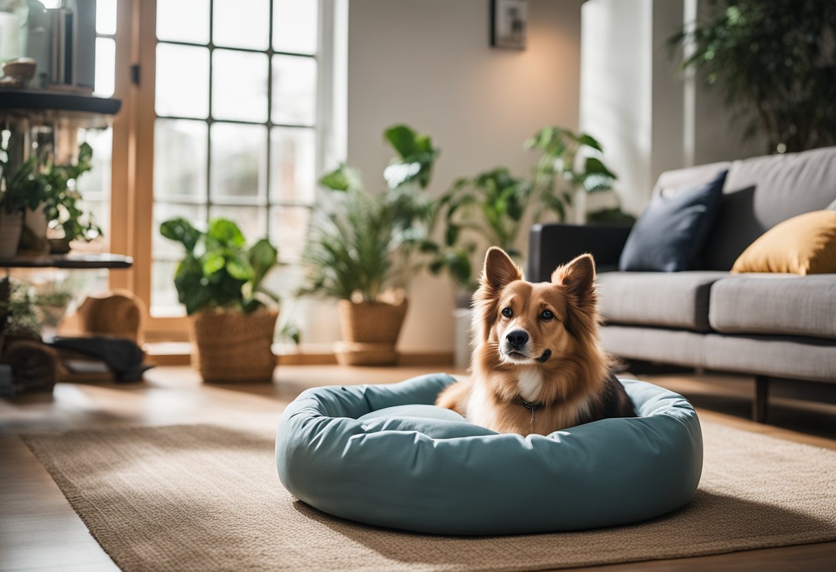 A cozy living room with a pet bed, toys, and books on pet mental health. Soft lighting and plants create a calming atmosphere