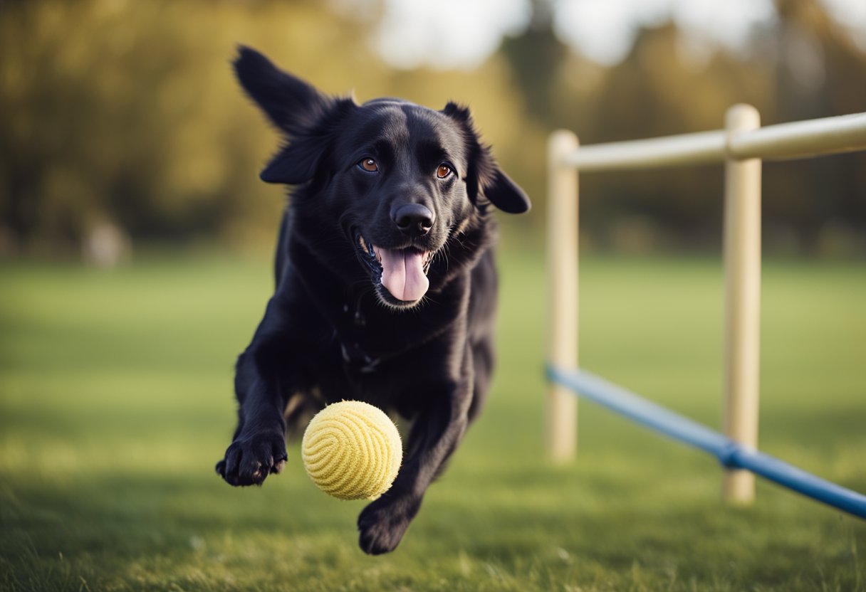 A dog running in a park, jumping over hurdles, and playing with a ball. A cat chasing a feather toy and climbing a scratching post