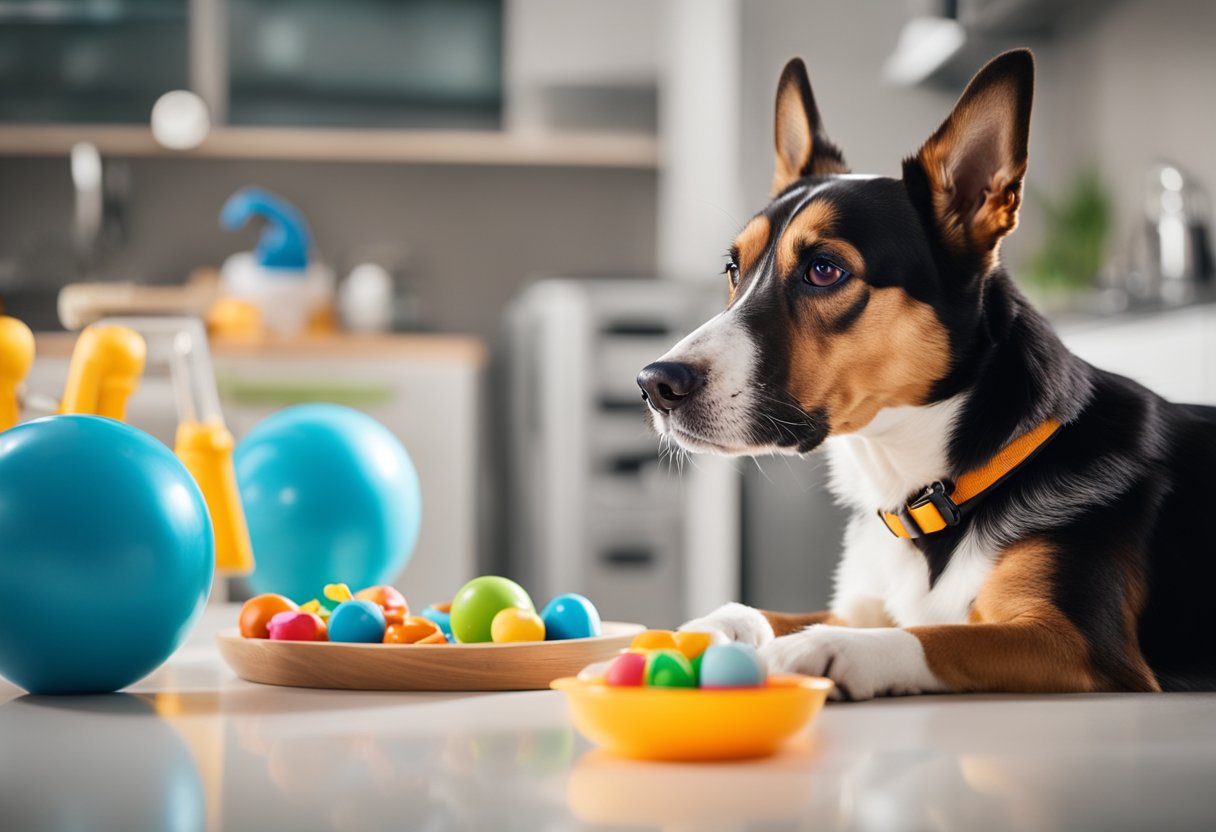 An energetic dog eagerly drinks from a water bowl next to a bowl of nutritious food, surrounded by toys and exercise equipment