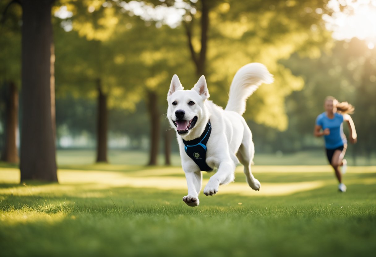 A dog wearing a fitness tracker running alongside its owner, with a park and trees in the background