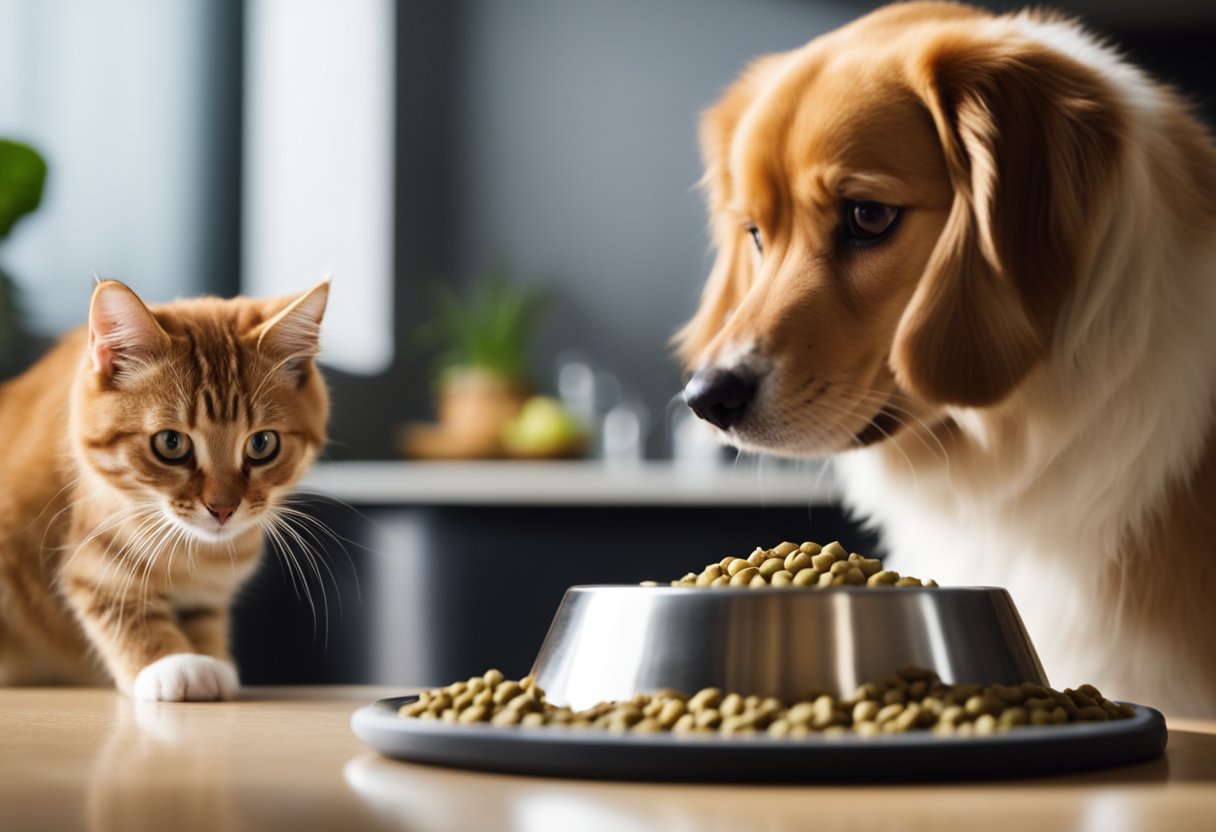 A dog and a cat eating from separate bowls of nutritious pet food, with a variety of healthy ingredients visible in the background