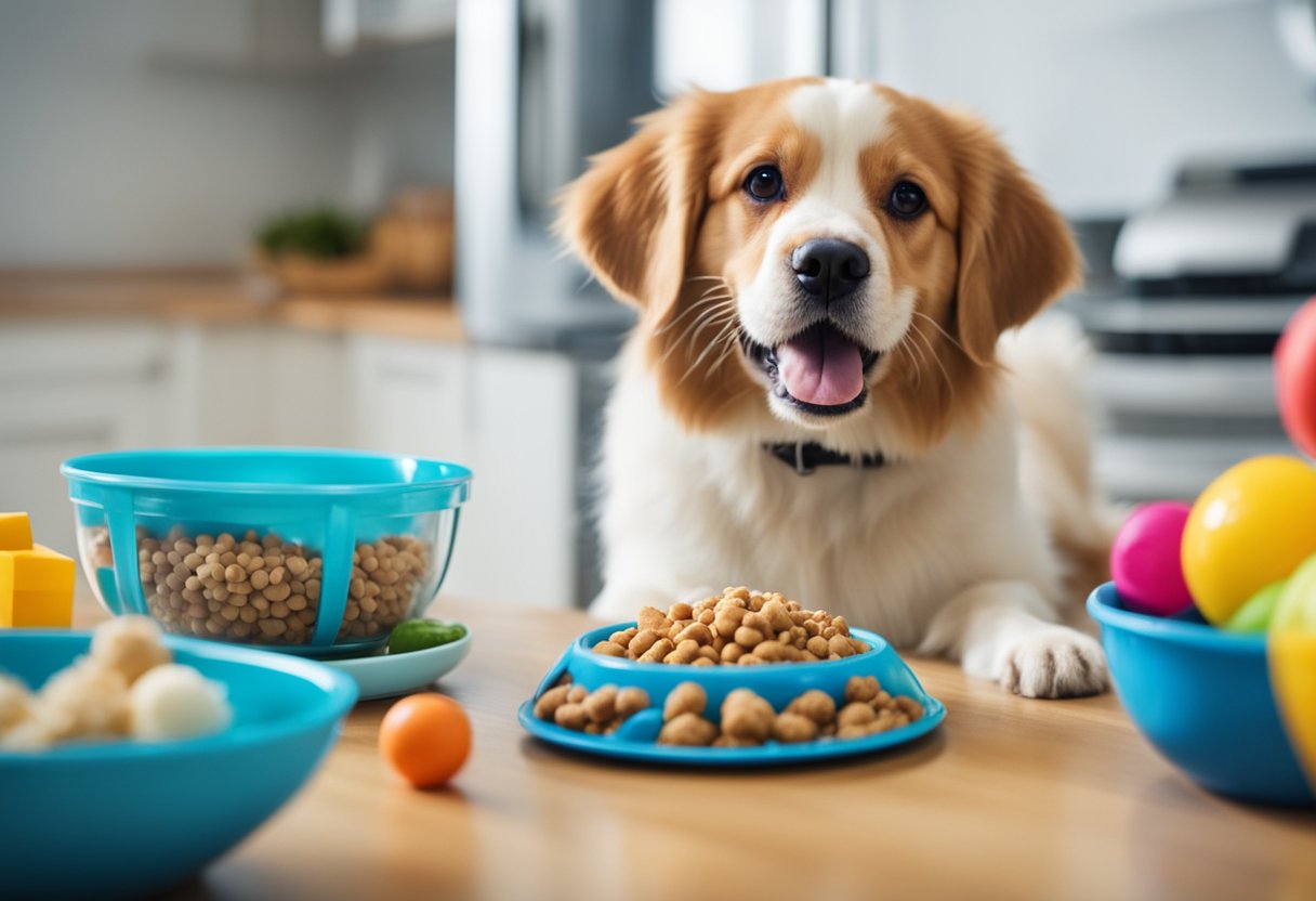 Pets eating from various bowls of nutritious food, surrounded by toys and water dishes, with a happy and healthy atmosphere