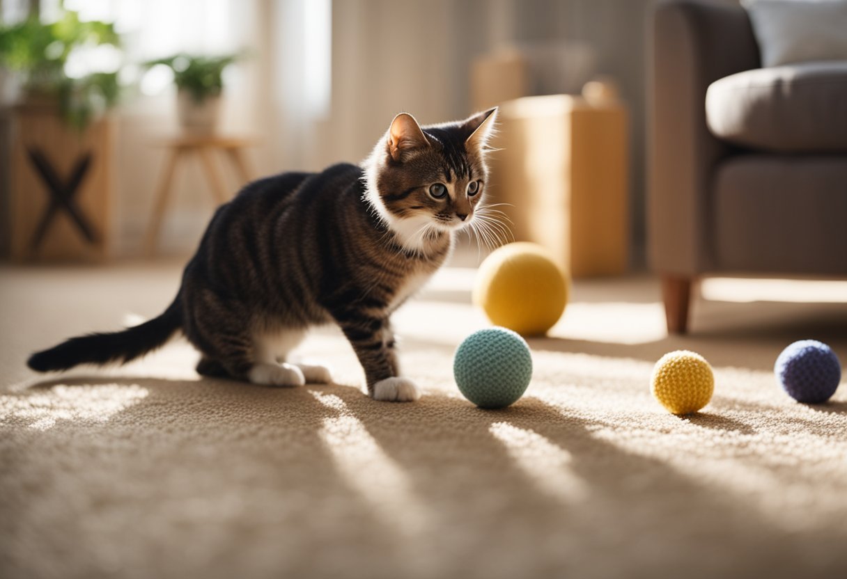 Pets play in a spacious, sunlit room with toys scattered about. A cat climbs a scratching post, while a dog chases a ball