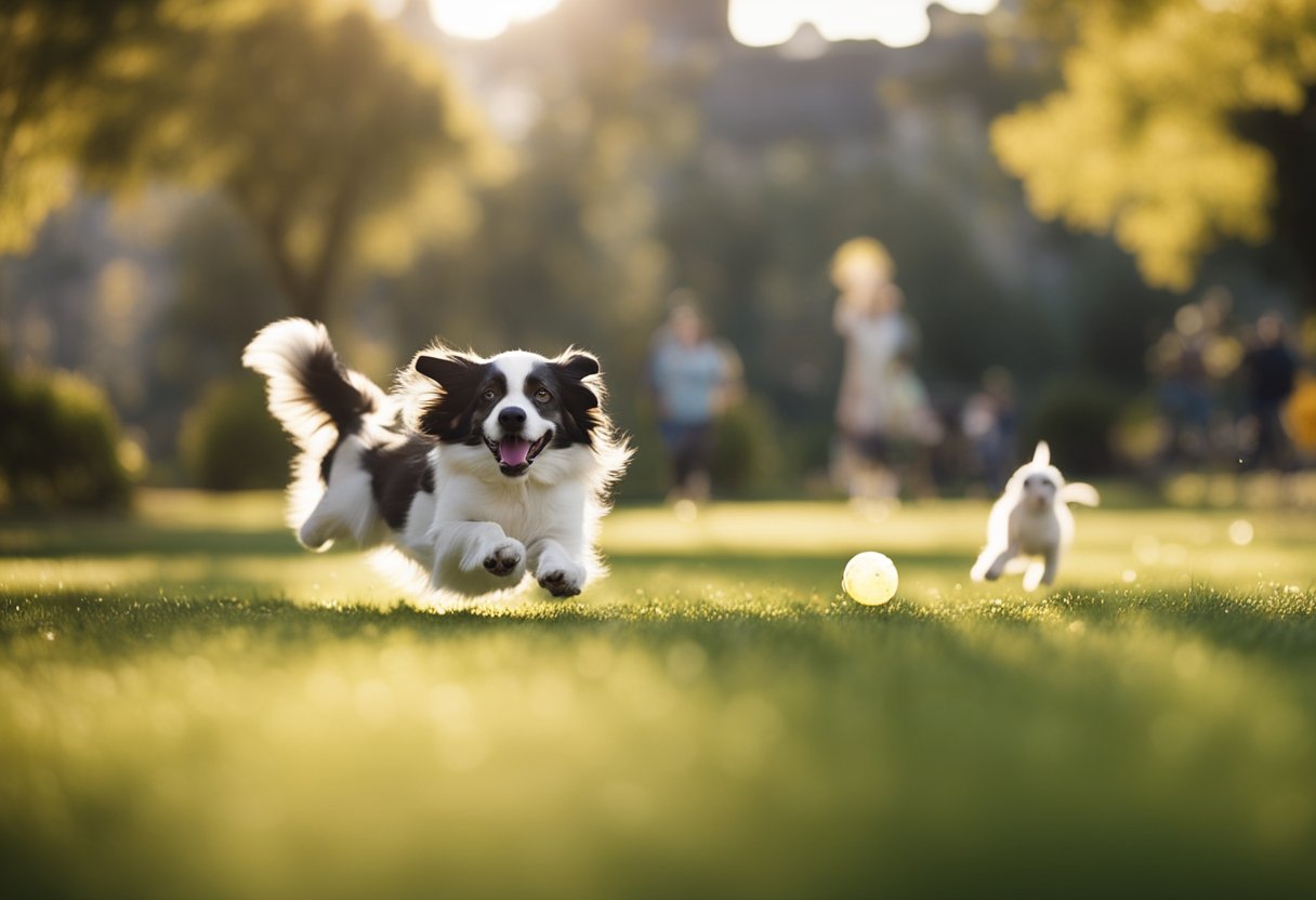 Pets play, run, and jump in a park. Dogs fetch balls, cats chase toys, and birds fly around. The scene is filled with energy and movement