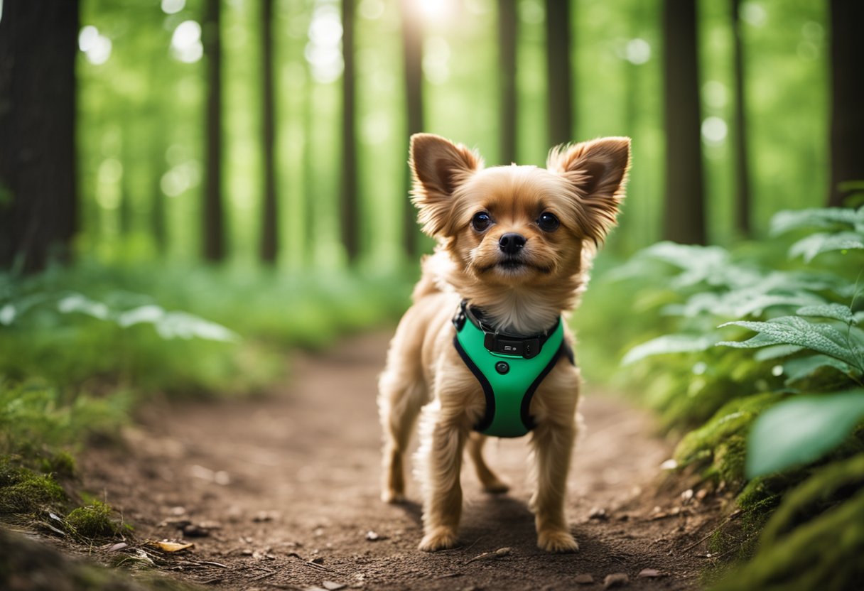 A small dog wearing a GPS pet tracking device wanders through a lush, green forest, surrounded by tall trees and chirping birds