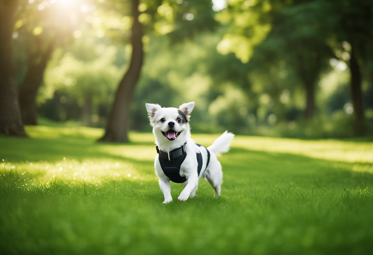 A small dog wearing a GPS pet tracker runs through a lush green park, while its owner watches from a distance with a smartphone in hand