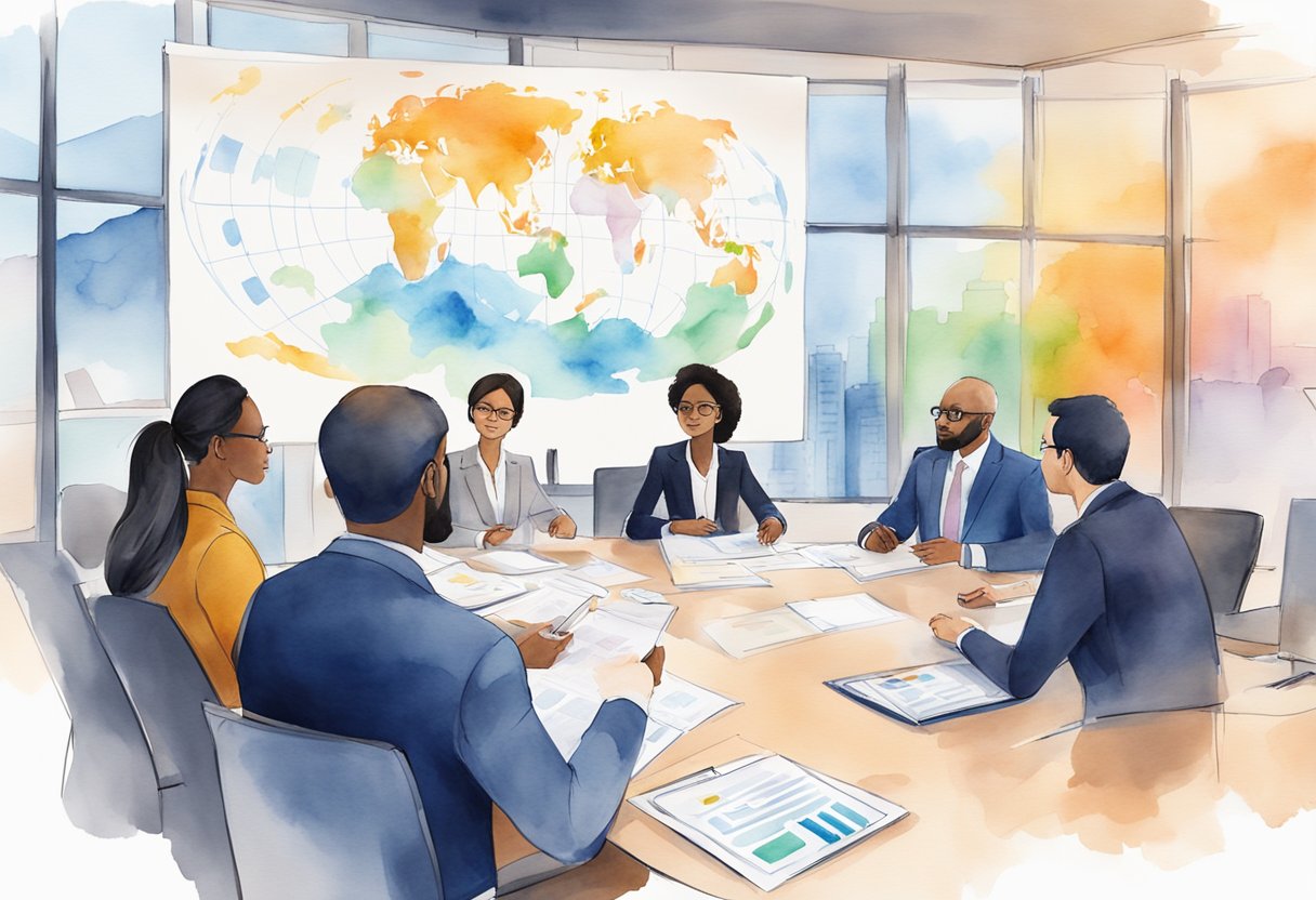 A group of diverse individuals discussing policy and governance in a boardroom setting, with charts and graphs displayed on a large screen in the background