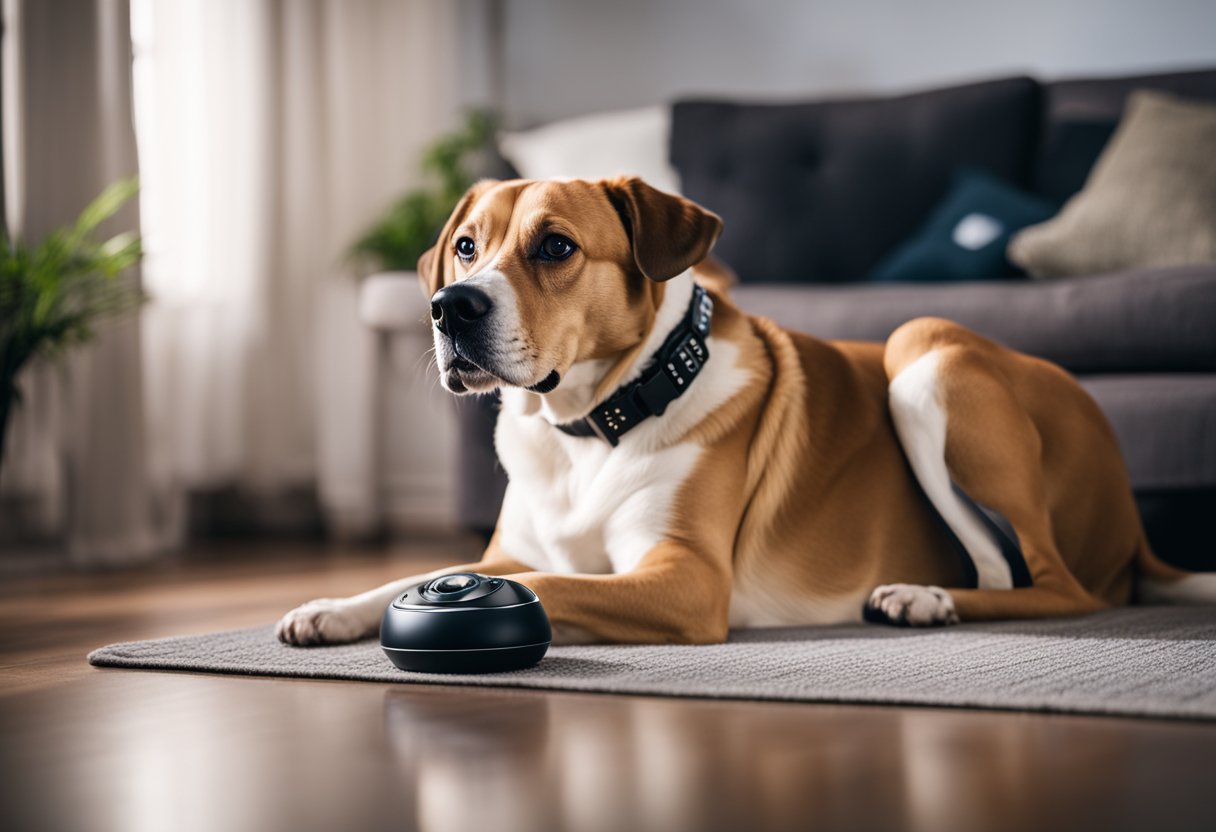 A dog sits in a cozy living room, wearing a smart collar with a secure lock. A camera and sensor monitor the pet's activity, ensuring privacy and security in pet monitoring