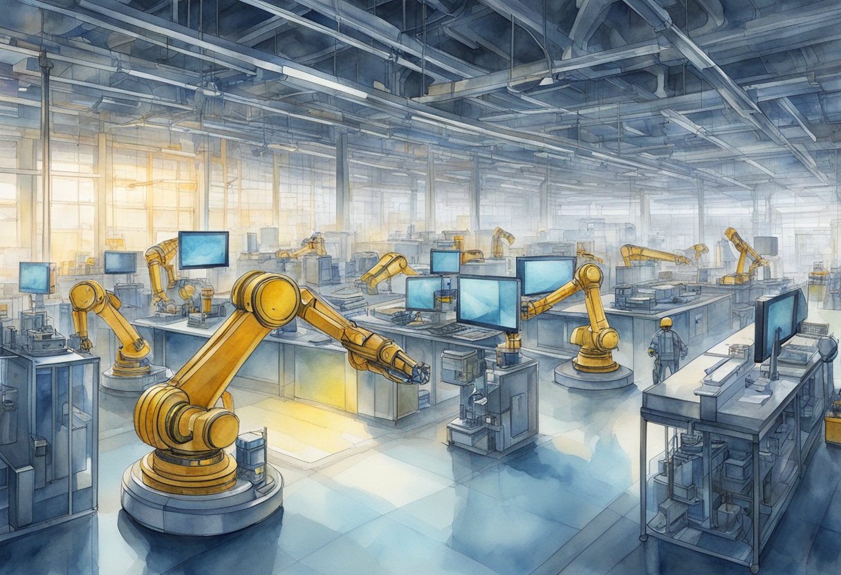 Robotic arms assemble products in a futuristic factory, while AI monitors and coordinates the workflow