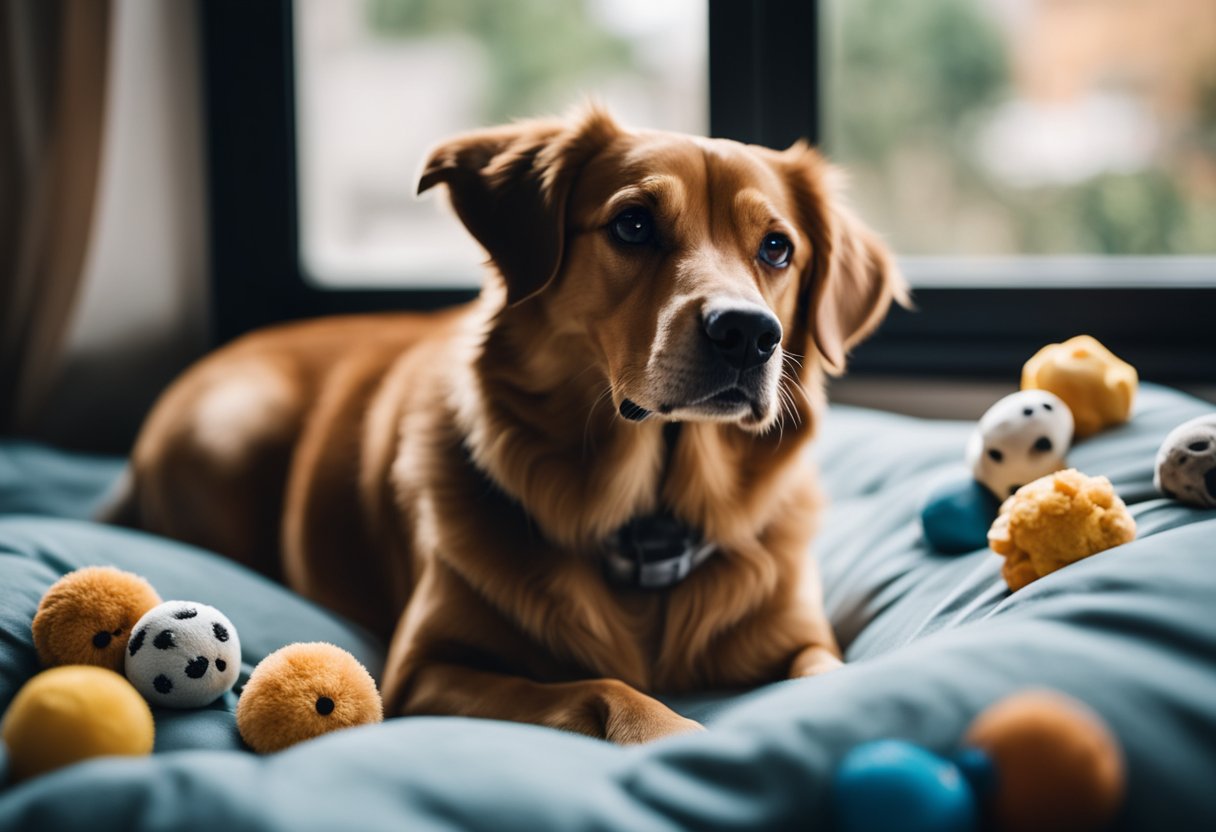 A dog lying in a cozy bed, looking out a window with a worried expression. Surrounding the dog are scattered toys and a half-eaten bowl of food