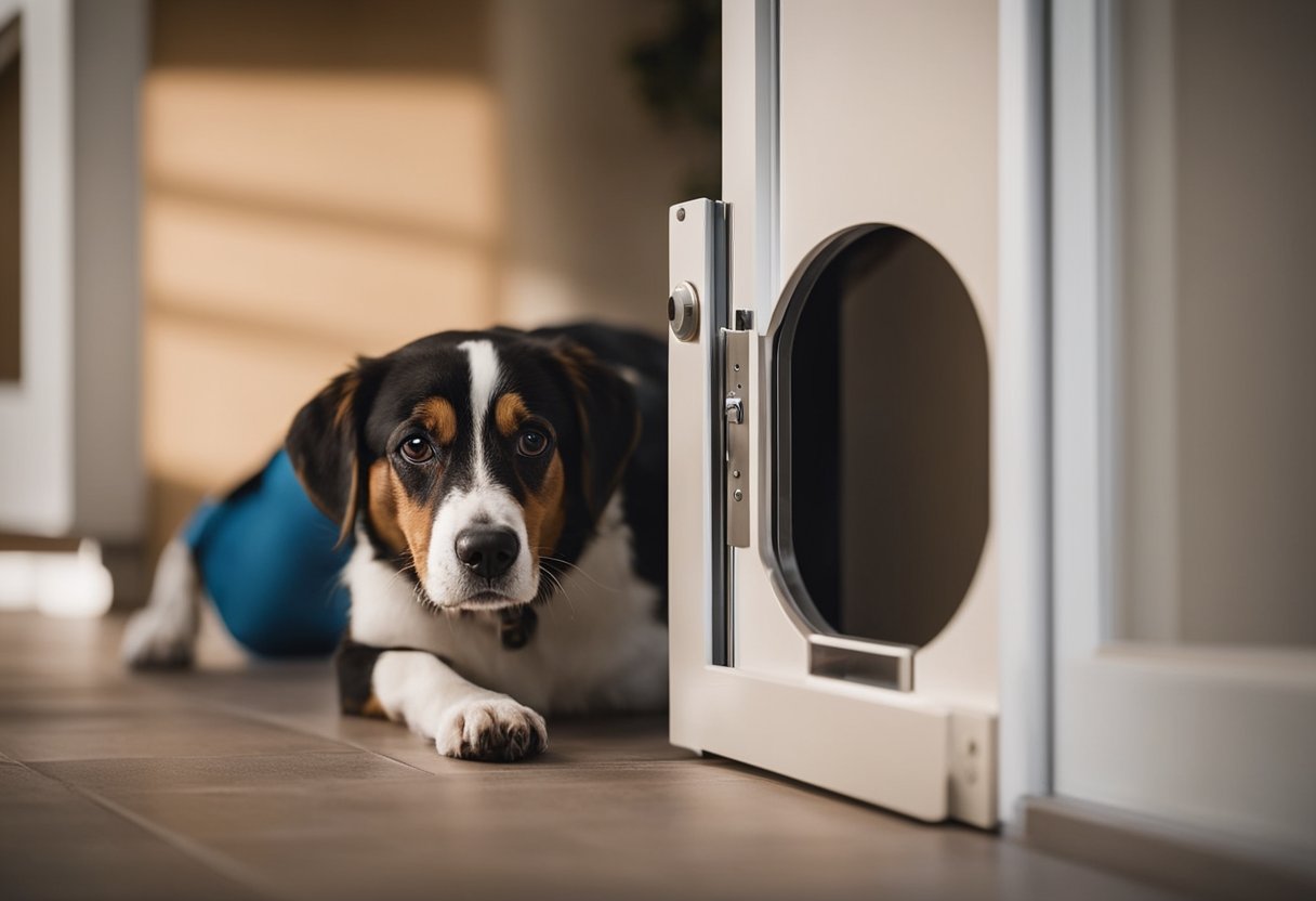 A dog struggles to push through a pet door, while another confidently enters. A frustrated owner watches, holding a manual on pet door training
