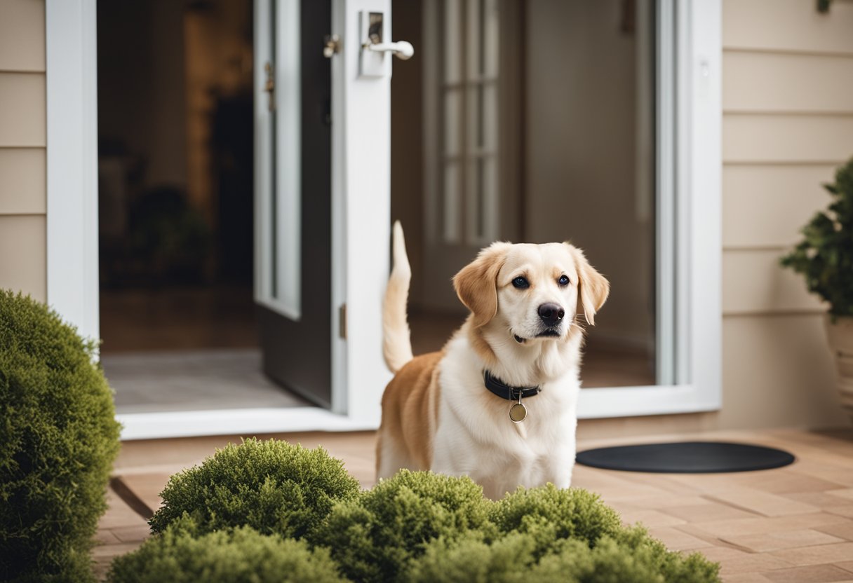 A dog confidently using a pet door to enter a house, with a trainer observing and encouraging from a distance