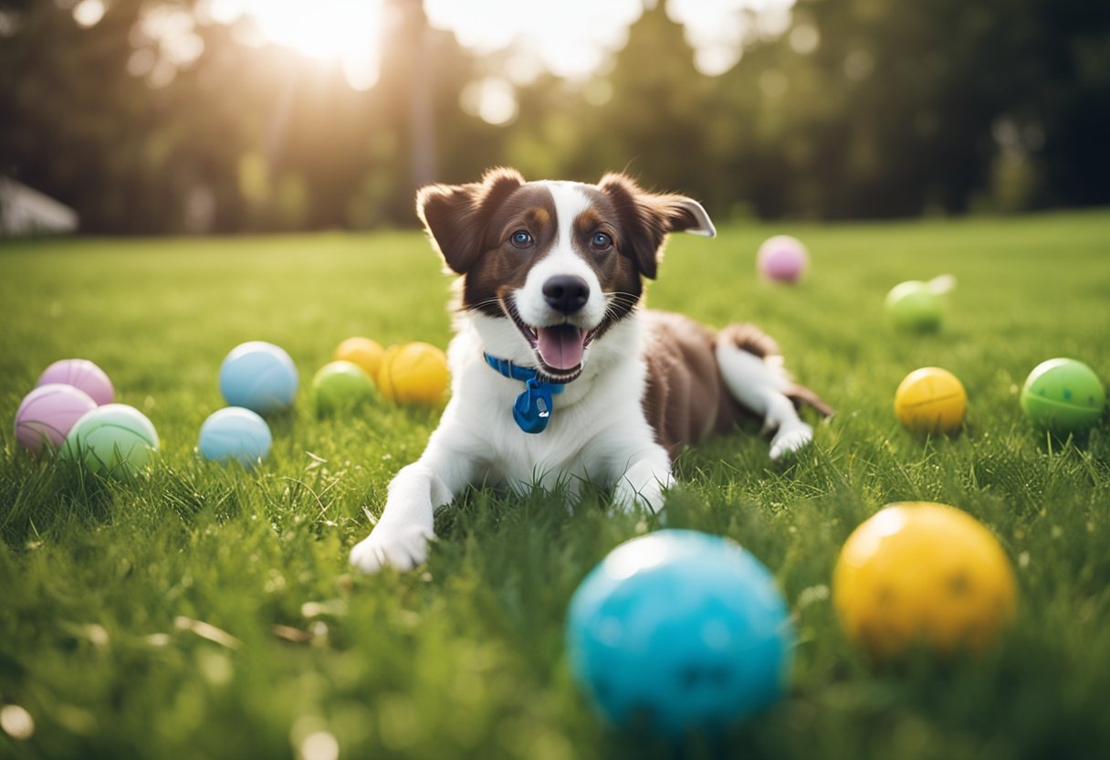 A variety of pet toys scattered across a grassy yard, including balls, chew toys, and interactive puzzles, with a happy dog playing with one of the toys