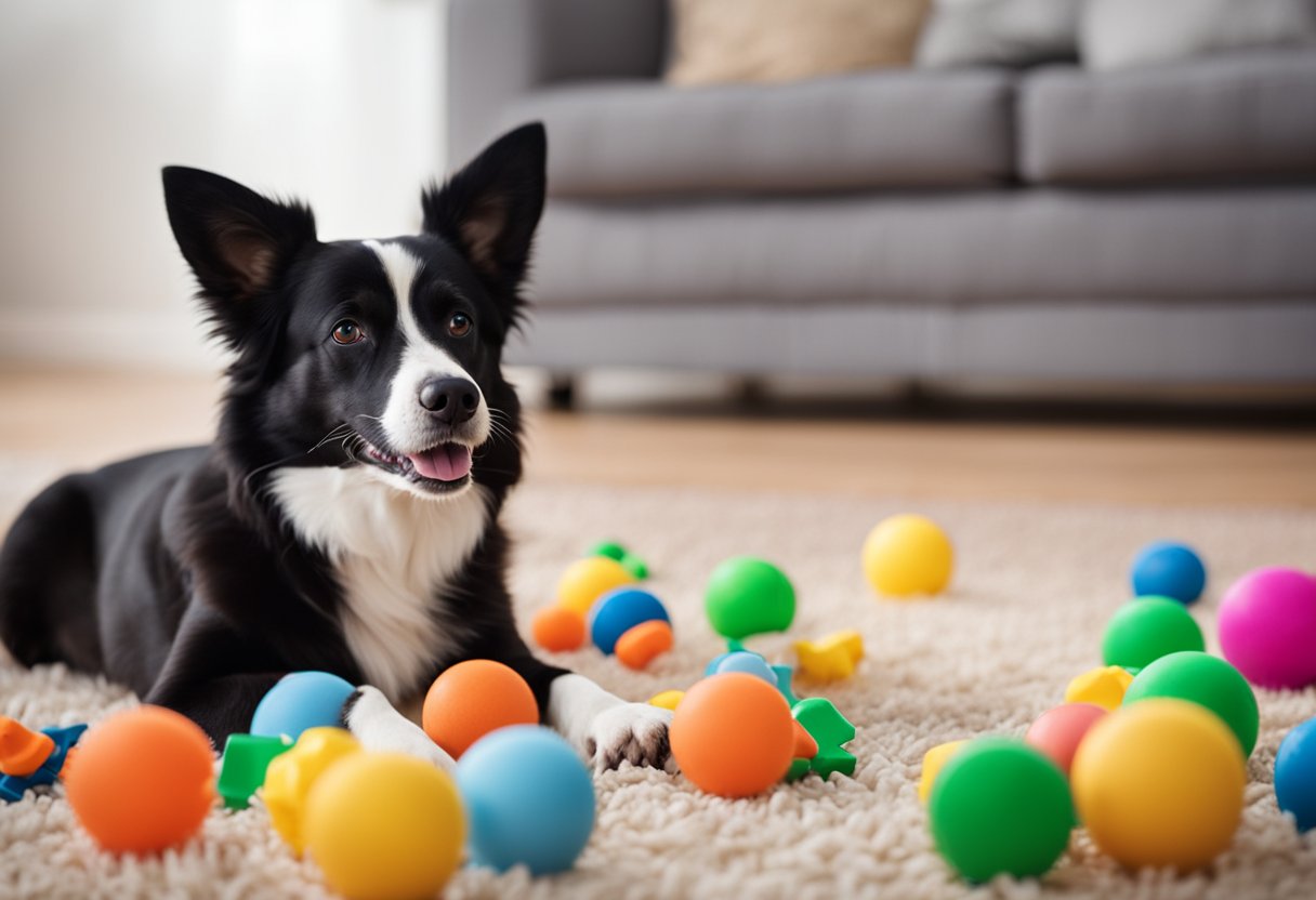 A variety of pet toys scattered across a spacious room, including interactive puzzles, chew toys, and balls, with a happy dog playing with one of the toys