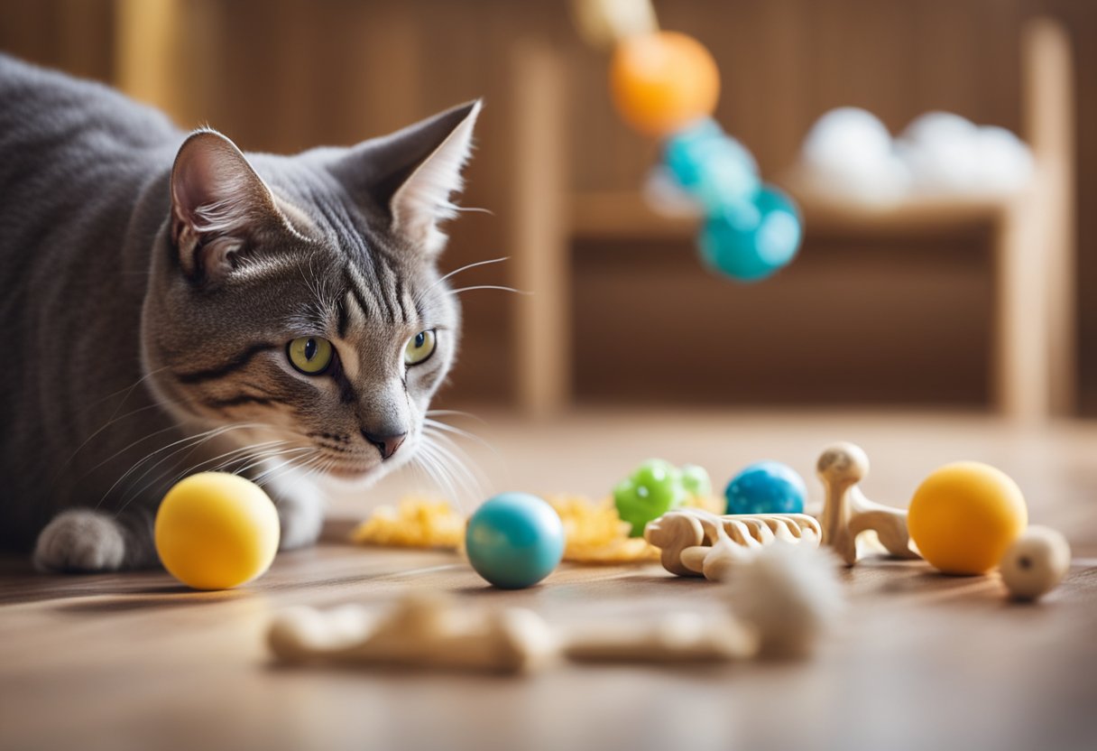Various interactive pet toys scattered on the floor, including puzzle feeders, treat-dispensing balls, and chew toys. A cat is batting at a dangling feather toy, while a dog is happily chewing on a rubber bone