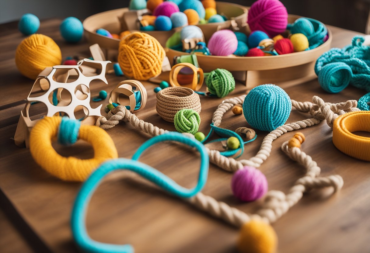 A variety of homemade pet toys scattered on a table, including cardboard mazes, knotted rope toys, and puzzle feeders. Bright colors and different textures add to the visual interest