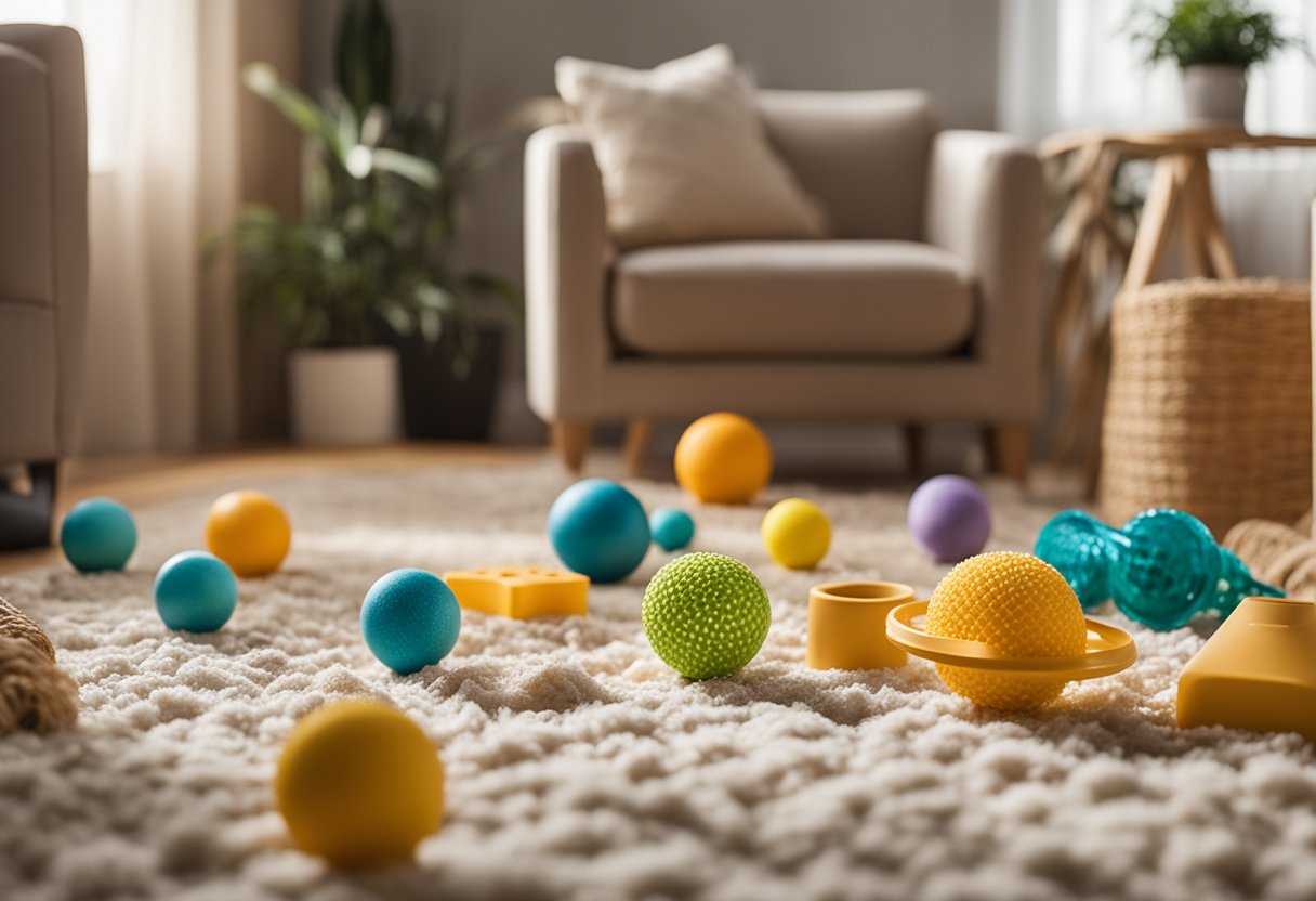 Various pet enrichment toys scattered across a spacious room, with a variety of shapes, colors, and textures to engage different senses