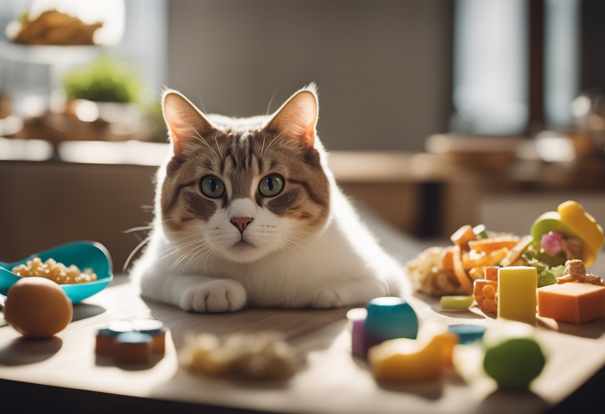A chubby cat slimming down, playing with toys, and eating healthy food