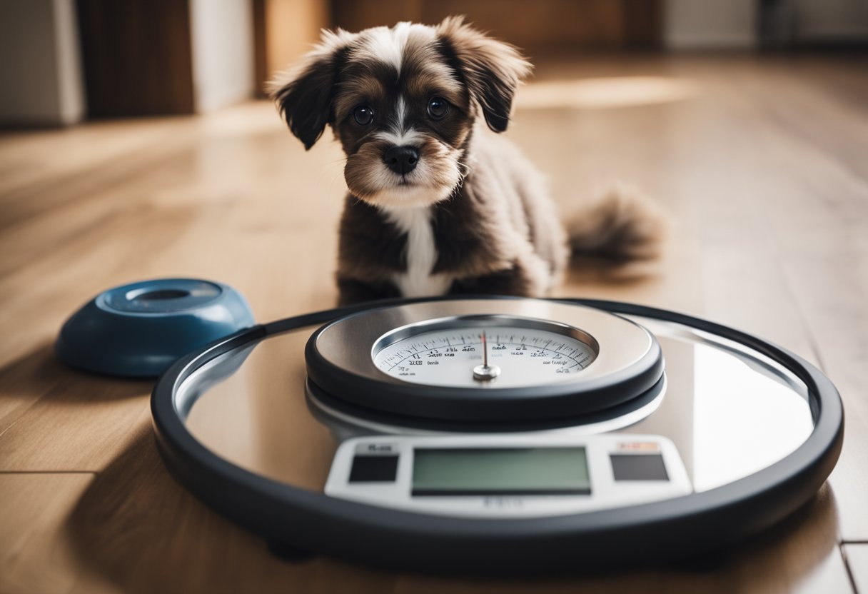 A scale with a pet standing on it, a chart showing decreasing weight, and a happy pet owner giving a thumbs-up