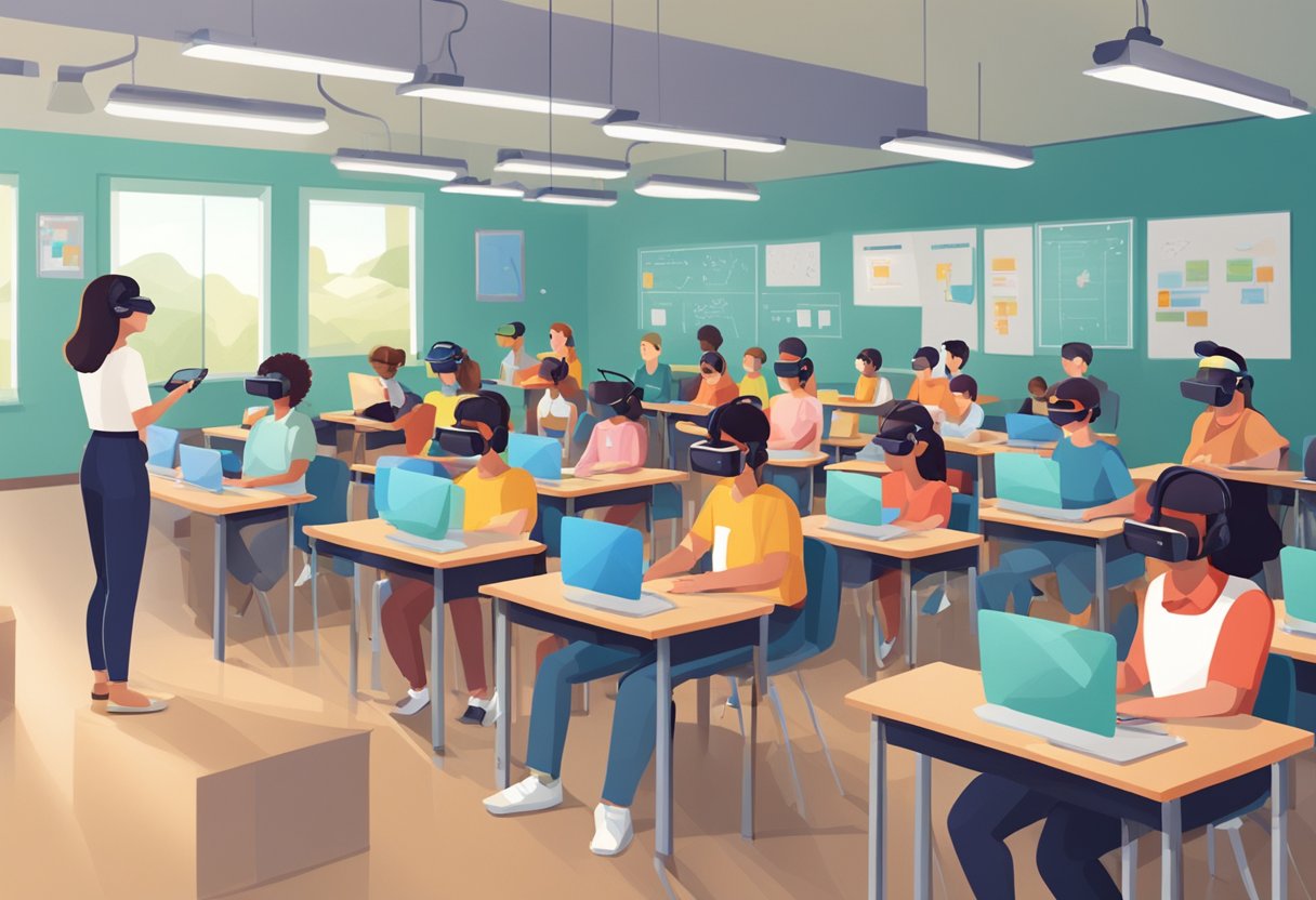 A classroom with VR headsets on desks, students engaged in virtual learning, teacher guiding lesson with VR tools