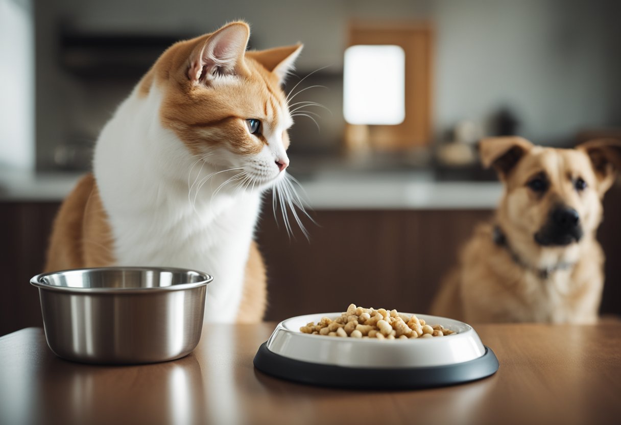 A chubby cat stares at a half-empty food bowl, while a slim dog eagerly chews on a bone
