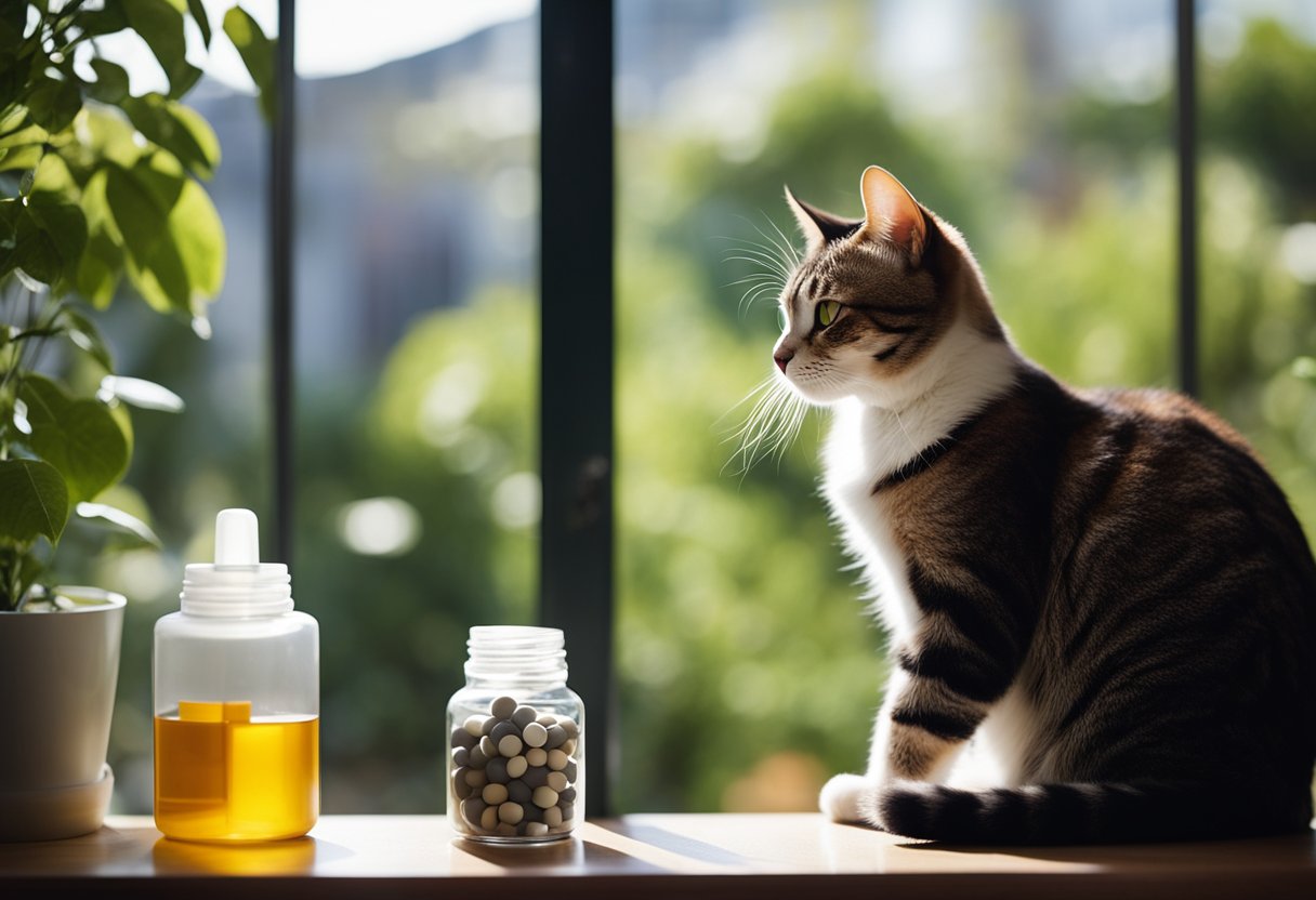 A cat sitting on a windowsill, with a small bottle of medication and a pill dispenser nearby. The cat's owner is gently administering the medication to the cat