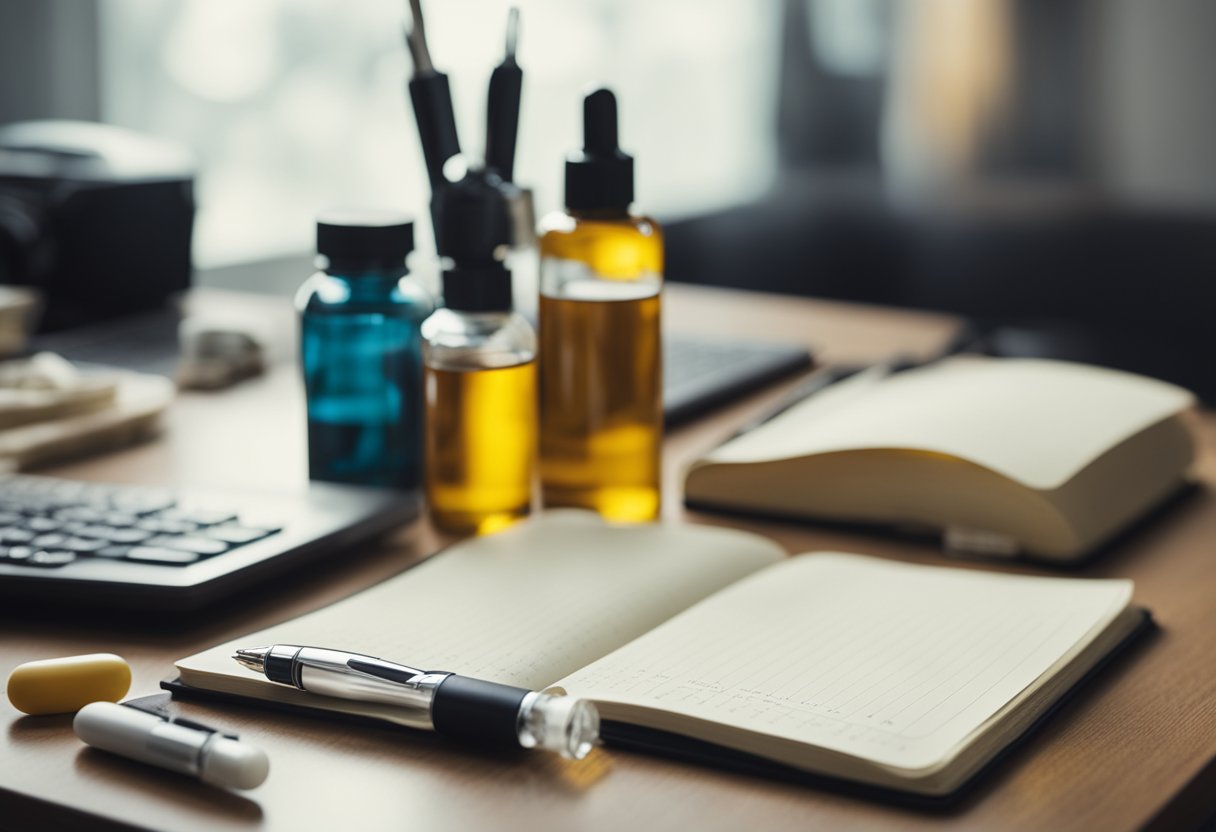 A table with various pet medications, a notebook, and a pen for writing prescriptions