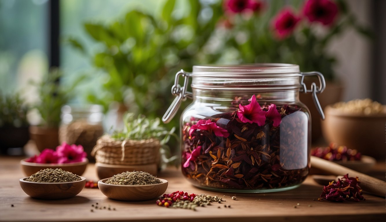 A glass jar filled with dried hibiscus flowers steeping in clear liquid, surrounded by assorted herbs and spices on a wooden countertop