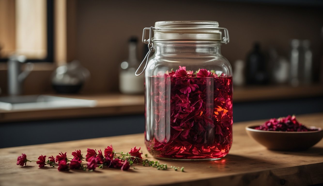 A glass jar filled with dried hibiscus flowers steeping in alcohol, sitting on a countertop with various herbs and ingredients scattered around