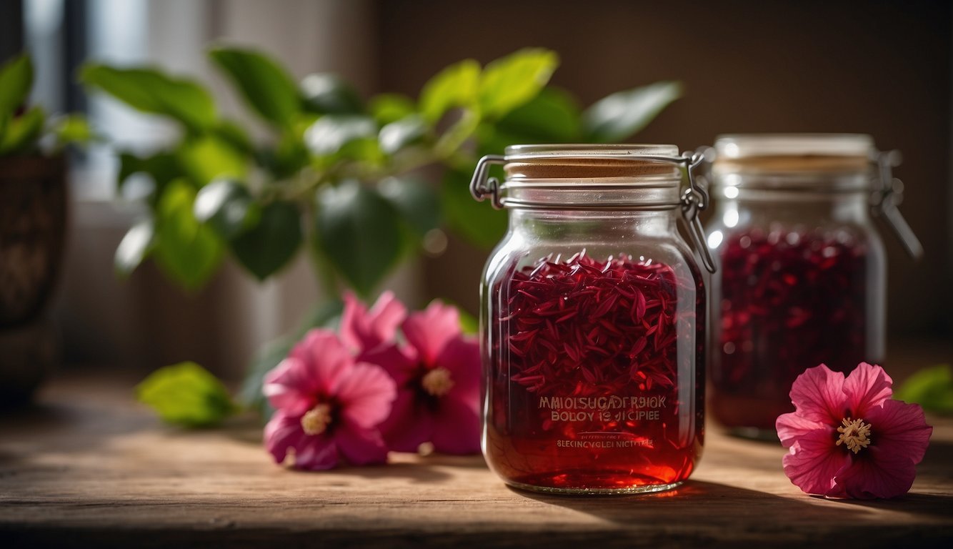A glass jar filled with dried hibiscus flowers soaking in clear alcohol, with a label reading "Hibiscus Tincture Recipe."