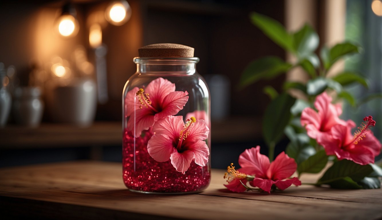 A glass jar filled with vibrant hibiscus flowers and liquid, sealed with a cork stopper, placed on a wooden shelf in a dimly lit pantry