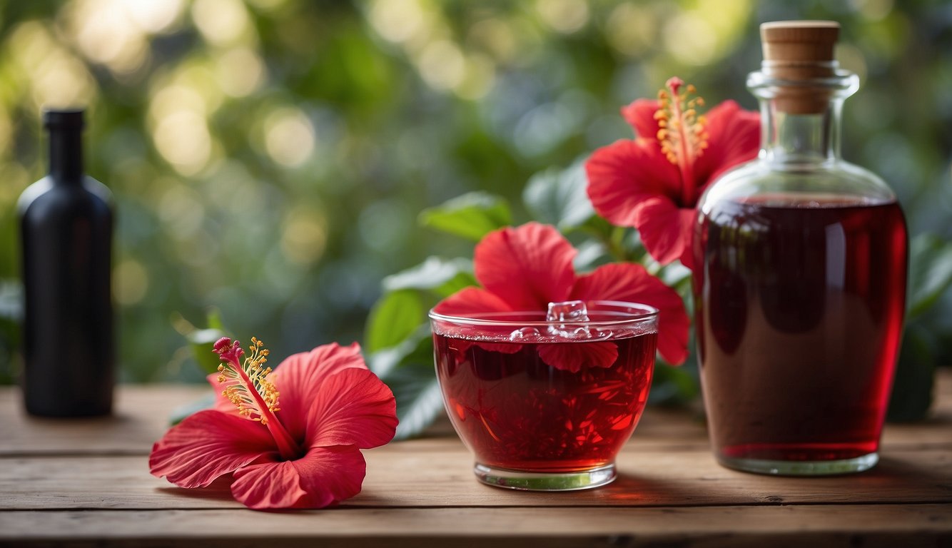 A glass jar filled with hibiscus flowers, a measuring cup, and a bottle of alcohol on a wooden table